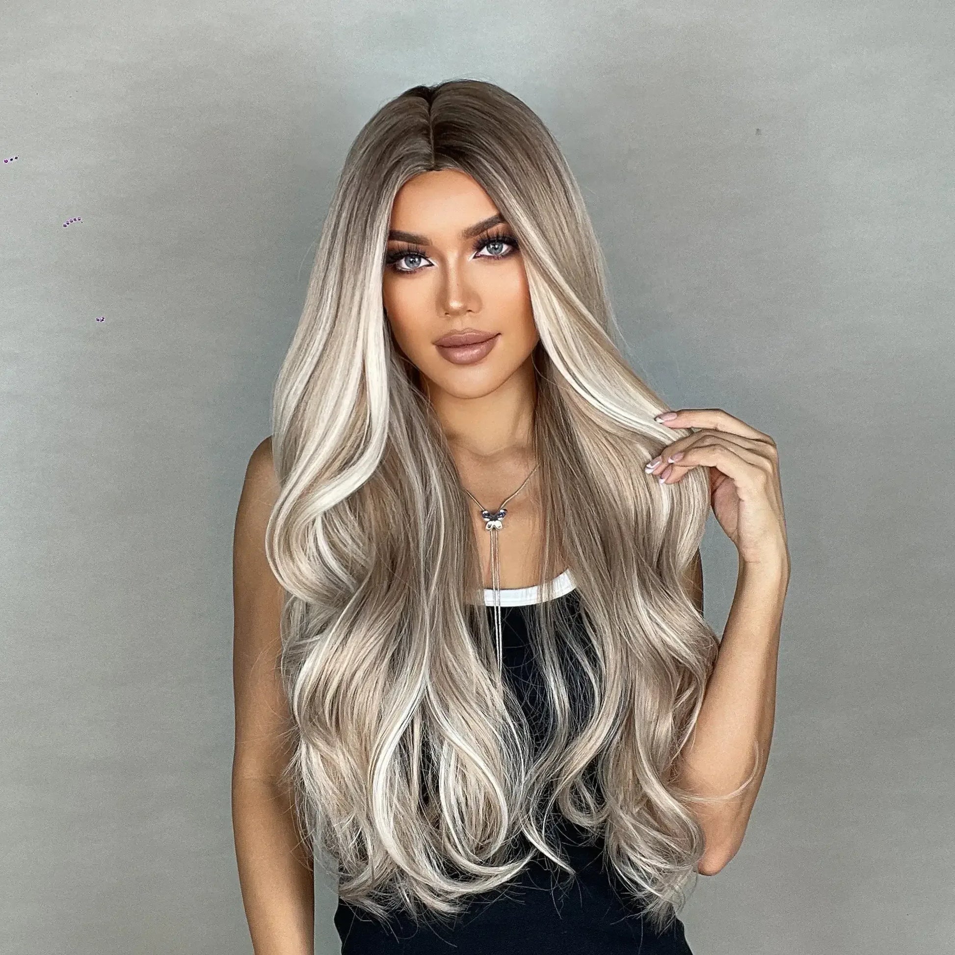 28 Inch Synthetic Wig Light Brown with Highlights - Long Wavy Hair for Everyday and Party Looks - 