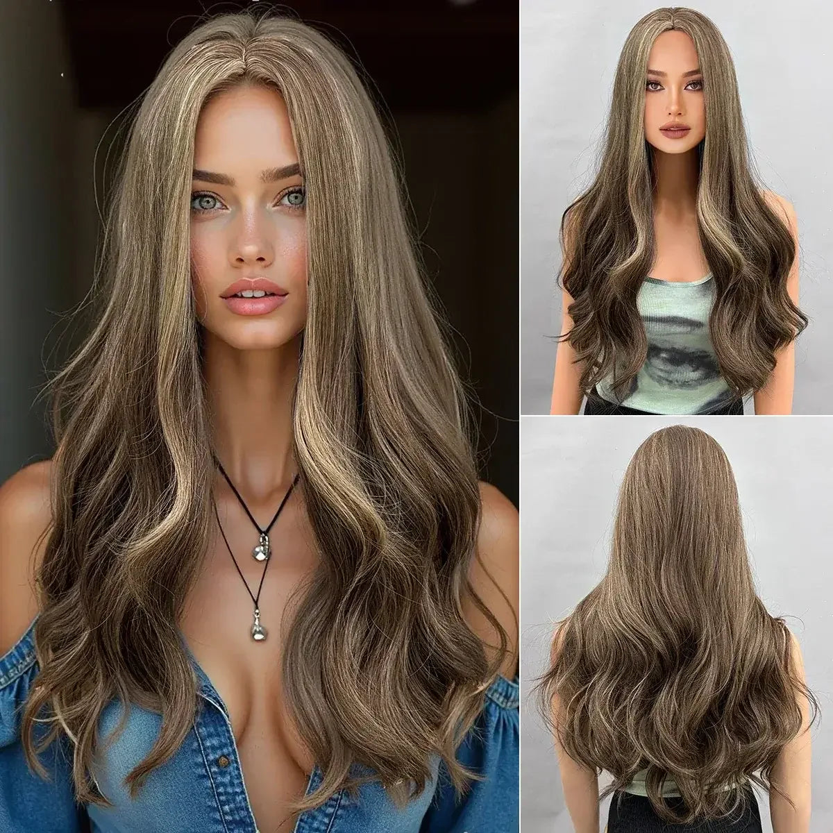 28 Inch Synthetic Wig Light Brown with Highlights - Long Wavy Hair for Everyday and Party Looks - 