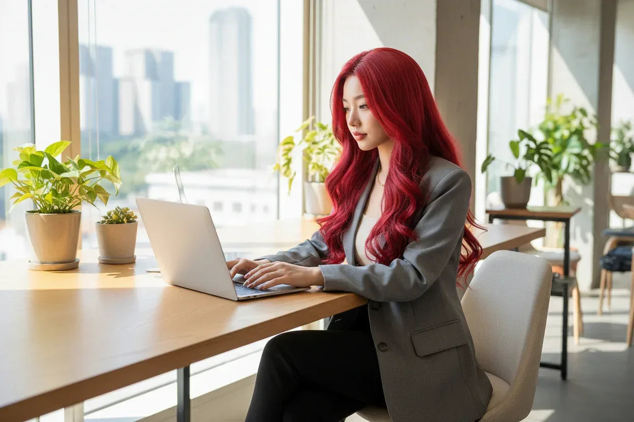 Center-Parted Long Red Curly Synthetic Wig for Halloween, Cosplay, and Daily Use - 