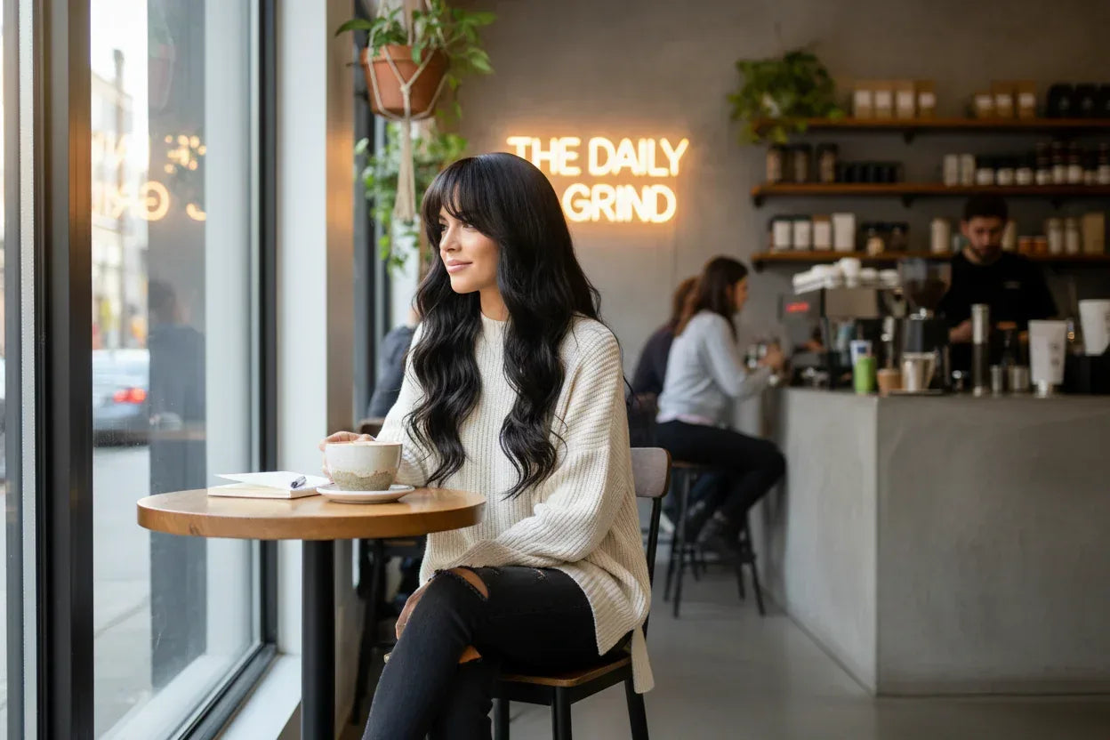 Silvery Gray Ombre Wig - Layered Medium-Length Wavy Hair with Curtain Bangs (22 inches) - 