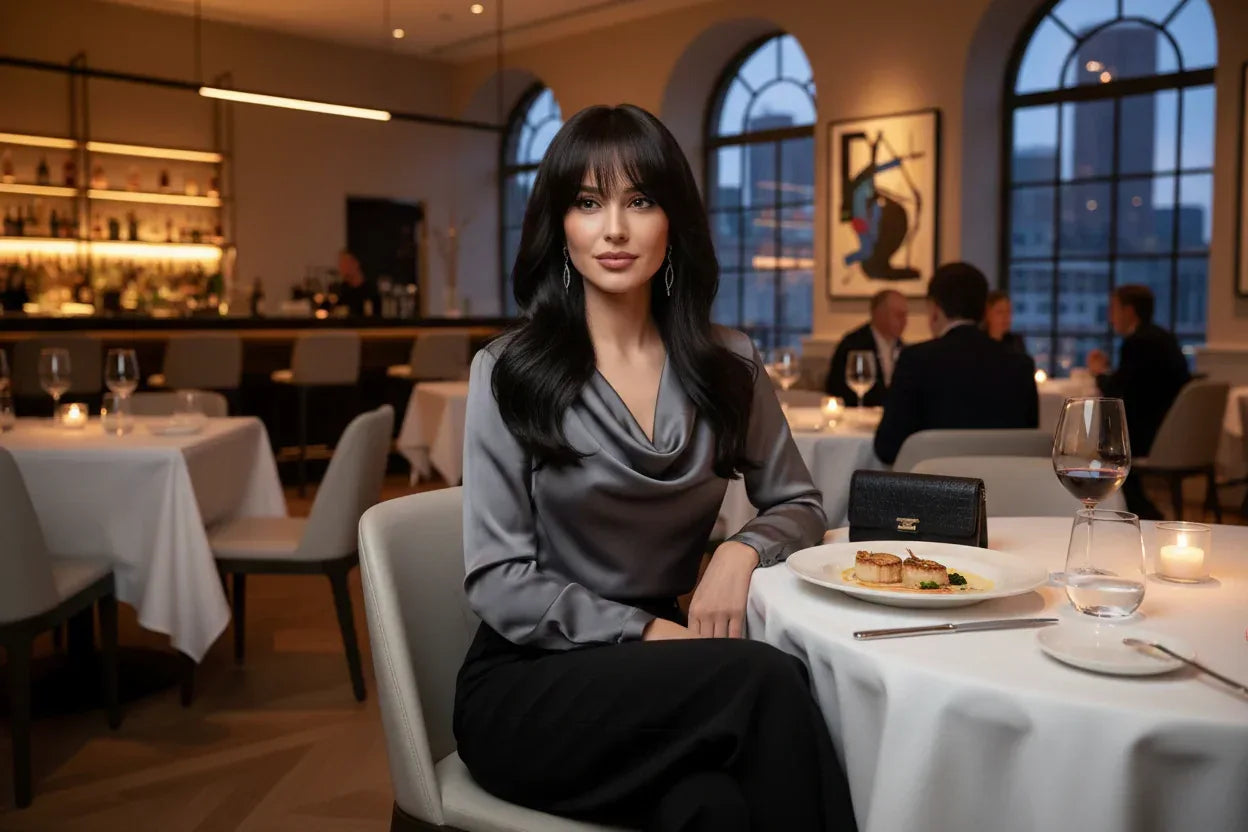 Silvery Gray Ombre Wig - Layered Medium-Length Wavy Hair with Curtain Bangs (22 inches) - 