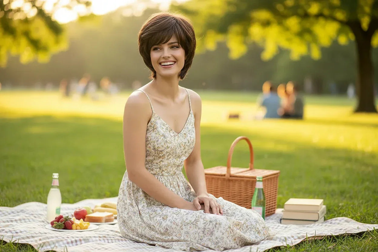 Short Natural Wigs with Bangs - Soft Brown Ombre Curly Synthetic Hair for Daily Use and Costume Parties - 