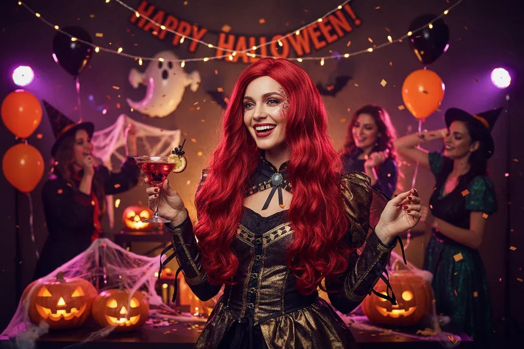 Center-Parted Long Red Curly Synthetic Wig for Halloween, Cosplay, and Daily Use - 