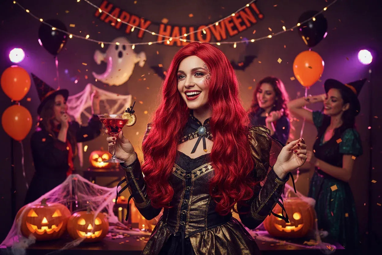 Center-Parted Long Red Curly Synthetic Wig for Halloween, Cosplay, and Daily Use - 