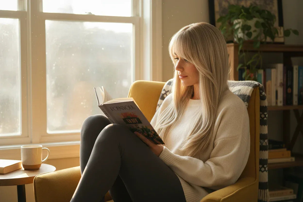 Platinum Highlight Synthetic Wig for Women - Long Straight Layered Heat Resistant Wig with Bangs for Daily Use - 