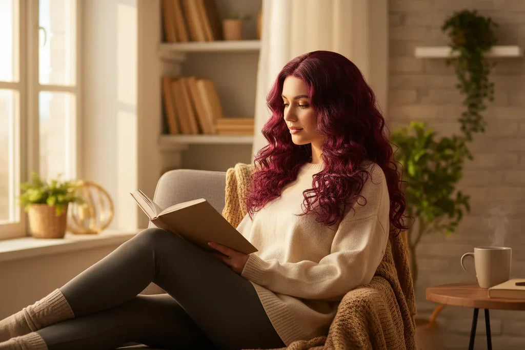 Center-Parted Long Red Curly Synthetic Wig for Halloween, Cosplay, and Daily Use - 