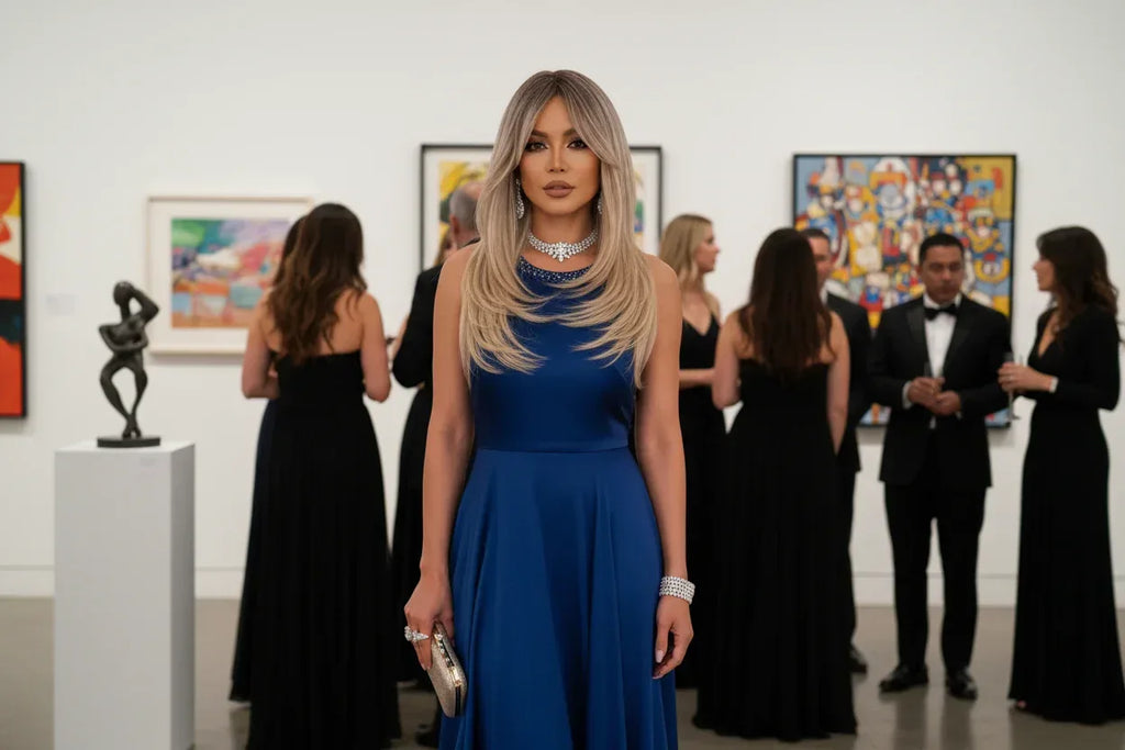 Platinum Highlight Synthetic Wig for Women - Long Straight Layered Heat Resistant Wig with Bangs for Daily Use - 