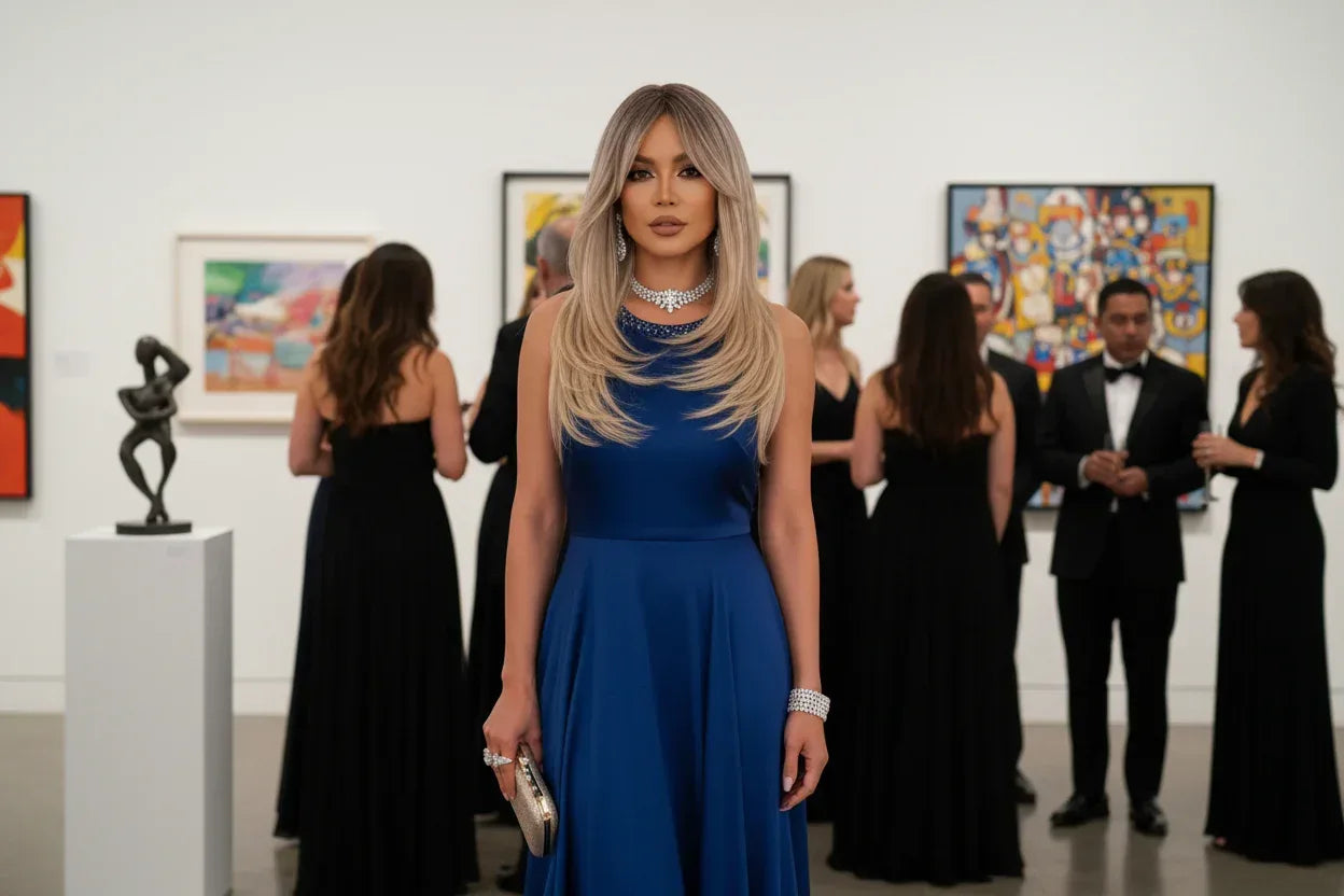 Platinum Highlight Synthetic Wig for Women - Long Straight Layered Heat Resistant Wig with Bangs for Daily Use - 