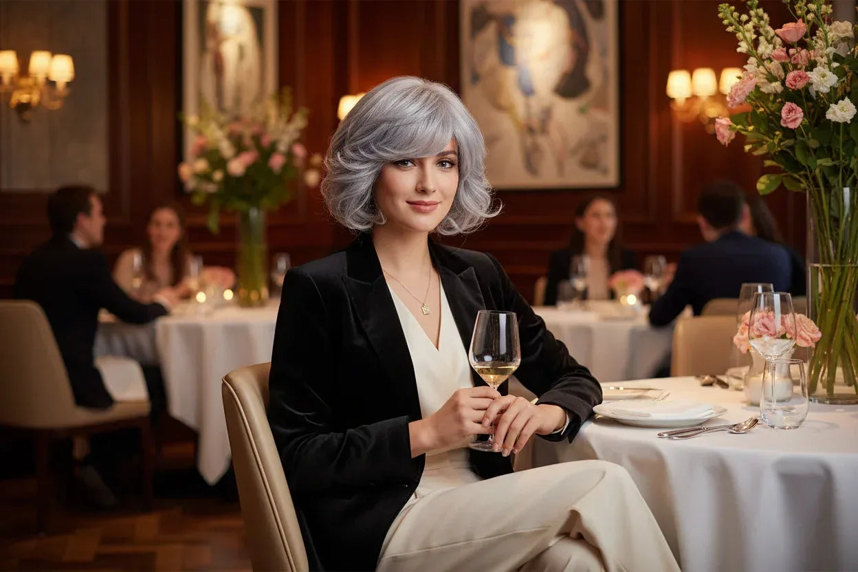 Short Grey Ombre Curly Wig with Bangs - Soft Mommy Hair for Daily Use and Costume Parties - 