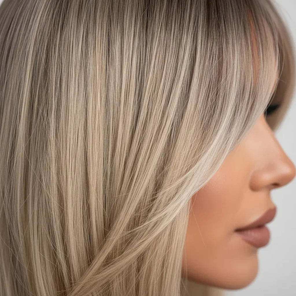 Close-up detail of platinum blonde highlight wig showing long straight layered hair texture, platinum highlights and premium synthetic fiber quality