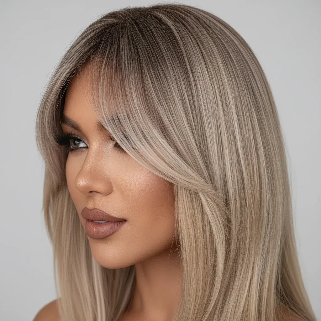 Detail shot of platinum blonde highlight wig showing bangs precision cut, layered ends and platinum highlights dimension