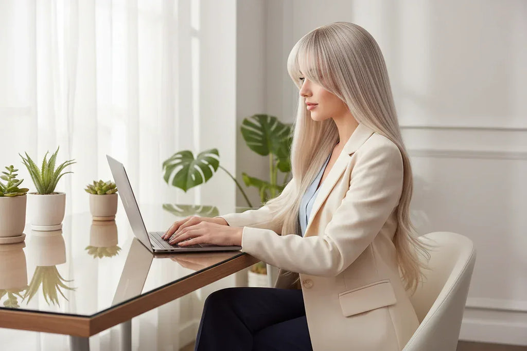 Platinum Highlight Synthetic Wig for Women - Long Straight Layered Heat Resistant Wig with Bangs for Daily Use - 