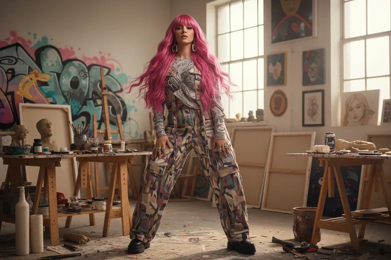 Silvery Gray Ombre Wig - Layered Medium-Length Wavy Hair with Curtain Bangs (22 inches) - 