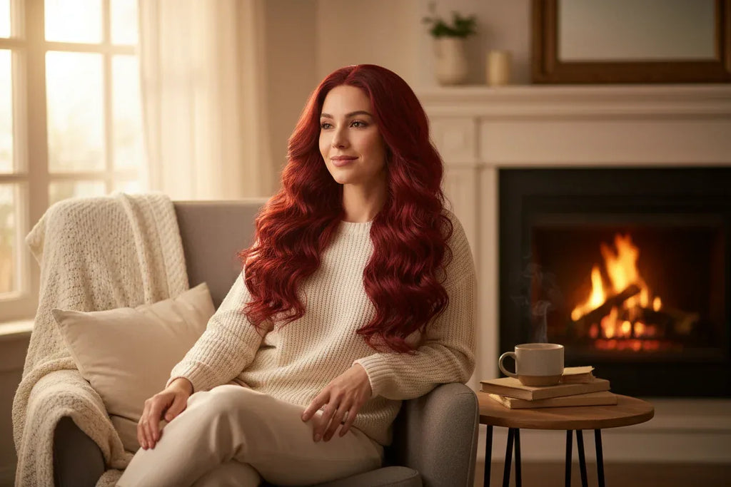 Red Synthetic Wig, Naturally Wavy, Long Curly Hair, Women's Daily Party Cosplay, Heat-Resistant Full Head Cover - 