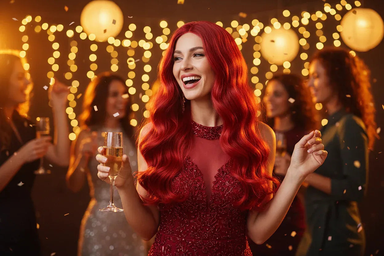 Red Synthetic Wig, Naturally Wavy, Long Curly Hair, Women's Daily Party Cosplay, Heat-Resistant Full Head Cover - 