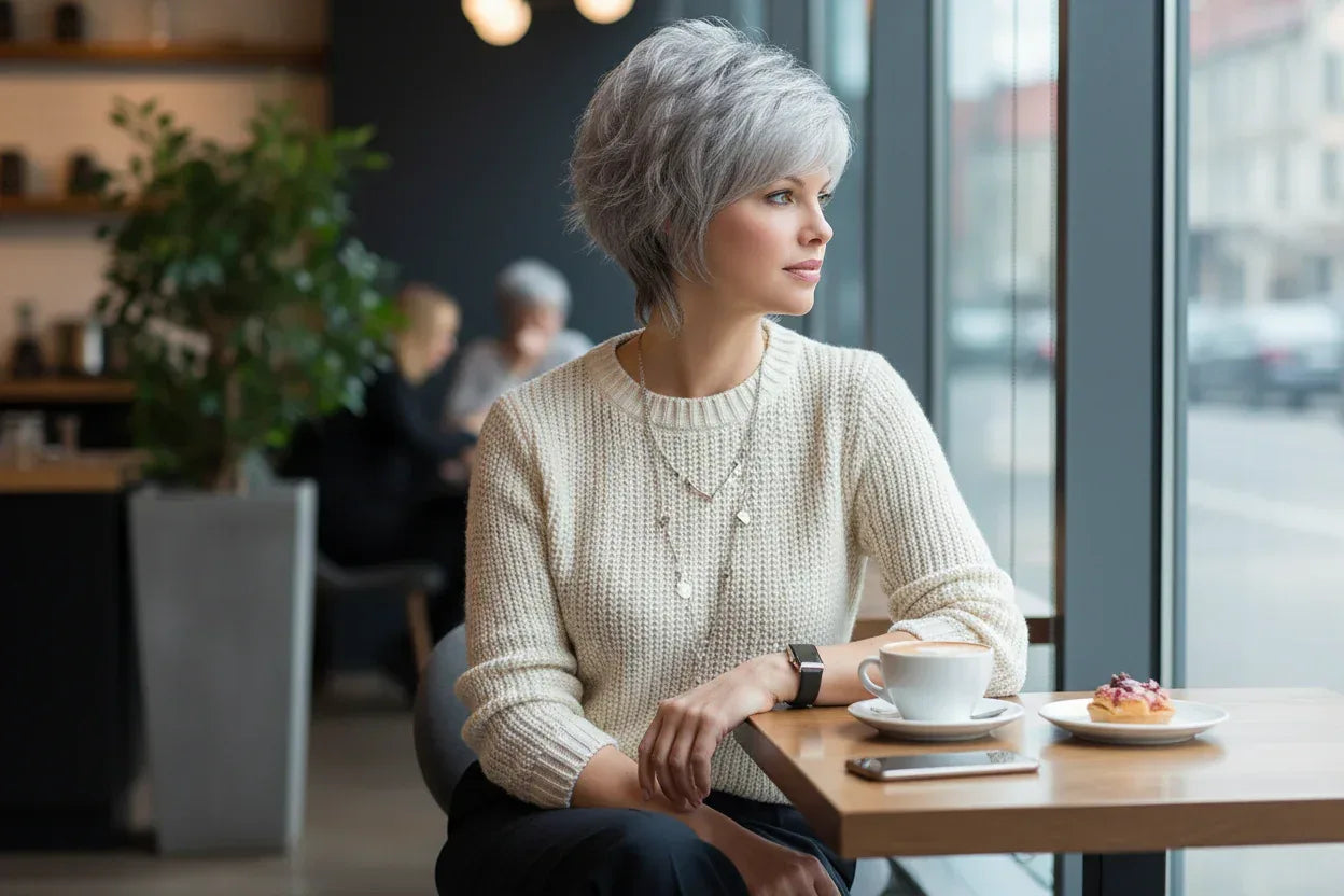 Short Natural Wigs with Bangs - Soft Brown Ombre Curly Synthetic Hair for Daily Use and Costume Parties - 